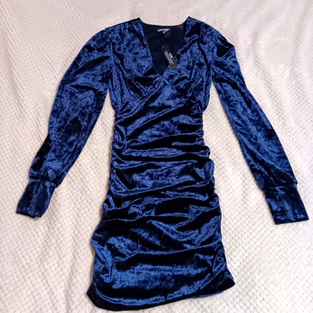 NWT Steve Madden Kali Velour Mini Dress‎ Women’s XS Blue Date Night Valentines